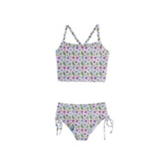 Pattern Flowers Leaves Green Purple Pink Girls  Tankini Swimsuit