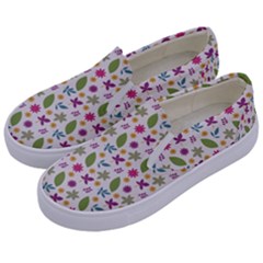 Pattern Flowers Leaves Green Purple Pink Kids  Canvas Slip Ons