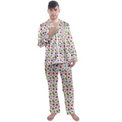 Pattern Flowers Leaves Green Purple Pink Men s Long Sleeve Satin Pajamas Set