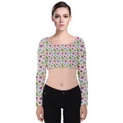 Pattern Flowers Leaves Green Purple Pink Velvet Long Sleeve Crop Top