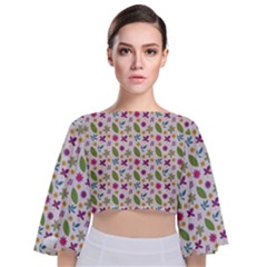 Pattern Flowers Leaves Green Purple Pink Tie Back Butterfly Sleeve Chiffon Top