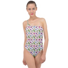 Pattern Flowers Leaves Green Purple Pink Classic One Shoulder Swimsuit by Maspions