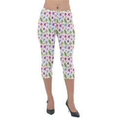 Pattern Flowers Leaves Green Purple Pink Lightweight Velour Capri Leggings 