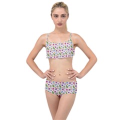 Pattern Flowers Leaves Green Purple Pink Layered Top Bikini Set