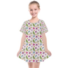 Pattern Flowers Leaves Green Purple Pink Kids  Smock Dress