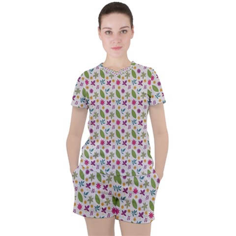 Pattern Flowers Leaves Green Purple Pink Women s T-shirt And Shorts Set by Maspions