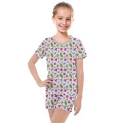 Pattern Flowers Leaves Green Purple Pink Kids  Mesh T-shirt And Shorts Set