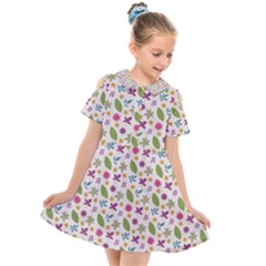 Pattern Flowers Leaves Green Purple Pink Kids  Short Sleeve Shirt Dress by Maspions