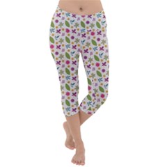 Pattern Flowers Leaves Green Purple Pink Lightweight Velour Capri Yoga Leggings