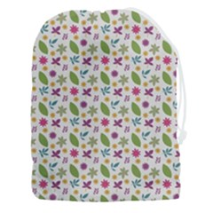 Pattern Flowers Leaves Green Purple Pink Drawstring Pouch (3xl)