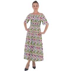 Pattern Flowers Leaves Green Purple Pink Shoulder Straps Boho Maxi Dress 