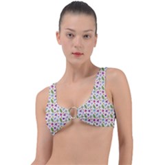 Pattern Flowers Leaves Green Purple Pink Ring Detail Bikini Top