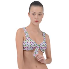 Pattern Flowers Leaves Green Purple Pink Front Tie Bikini Top