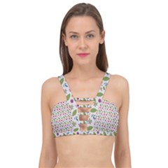 Pattern Flowers Leaves Green Purple Pink Cage Up Bikini Top