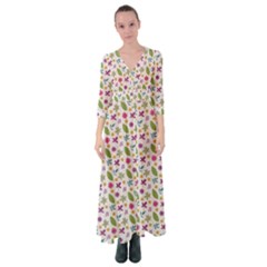 Pattern Flowers Leaves Green Purple Pink Button Up Maxi Dress