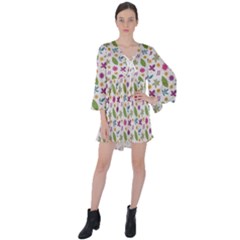 Pattern Flowers Leaves Green Purple Pink V-neck Flare Sleeve Mini Dress