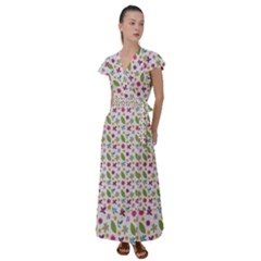 Pattern Flowers Leaves Green Purple Pink Flutter Sleeve Maxi Dress