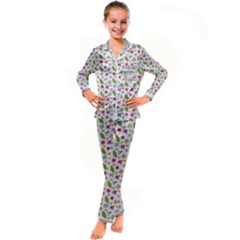 Pattern Flowers Leaves Green Purple Pink Kids  Satin Long Sleeve Pajamas Set