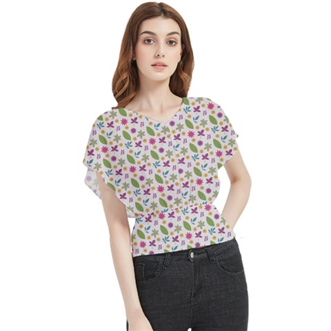 Pattern Flowers Leaves Green Purple Pink Butterfly Chiffon Blouse by Maspions