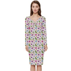 Pattern Flowers Leaves Green Purple Pink Long Sleeve V-neck Bodycon Dress 