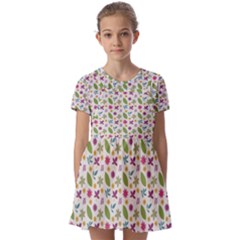 Pattern Flowers Leaves Green Purple Pink Kids  Short Sleeve Pinafore Style Dress