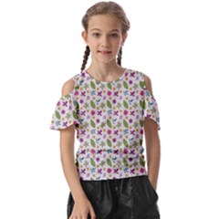 Pattern Flowers Leaves Green Purple Pink Kids  Butterfly Cutout T-shirt