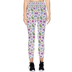 Pattern Flowers Leaves Green Purple Pink Pocket Leggings 