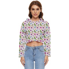 Pattern Flowers Leaves Green Purple Pink Women s Lightweight Cropped Hoodie