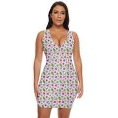 Pattern Flowers Leaves Green Purple Pink Draped Bodycon Dress