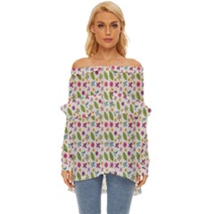 Pattern Flowers Leaves Green Purple Pink Off Shoulder Chiffon Pocket Shirt