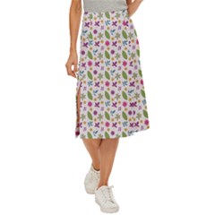 Pattern Flowers Leaves Green Purple Pink Midi Panel Skirt