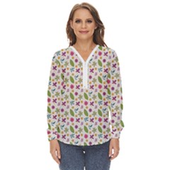 Pattern Flowers Leaves Green Purple Pink Zip Up Long Sleeve Blouse