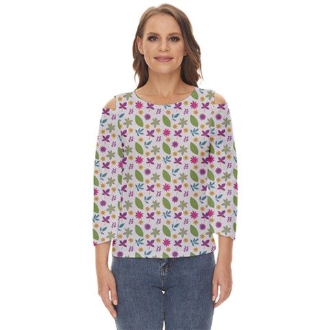 Pattern Flowers Leaves Green Purple Pink Cut Out Wide Sleeve Top by Maspions