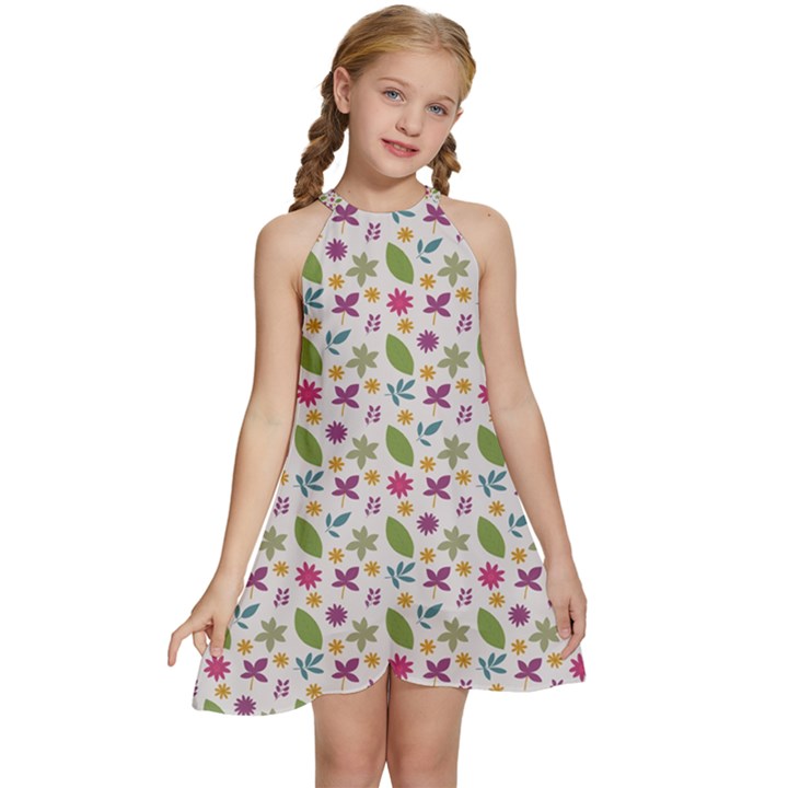 Pattern Flowers Leaves Green Purple Pink Kids  Halter Collar Waist Tie Chiffon Dress