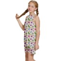 Pattern Flowers Leaves Green Purple Pink Kids  Halter Collar Waist Tie Chiffon Dress View2