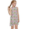 Pattern Flowers Leaves Green Purple Pink Kids  Halter Collar Waist Tie Chiffon Dress View3