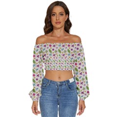 Pattern Flowers Leaves Green Purple Pink Long Sleeve Crinkled Weave Crop Top