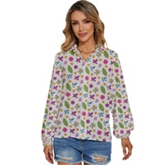 Pattern Flowers Leaves Green Purple Pink Women s Long Sleeve Button Up Shirt