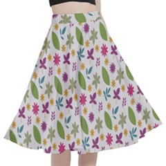 Pattern Flowers Leaves Green Purple Pink A-line Full Circle Midi Skirt With Pocket by Maspions