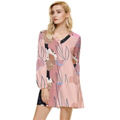 Abstract Boho Bohemian Style Retro Vintage Tiered Long Sleeve Mini Dress