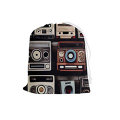 Retro Cameras Old Vintage Antique Technology Wallpaper Retrospective Drawstring Pouch (large) by Grandong