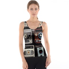 Retro Cameras Old Vintage Antique Technology Wallpaper Retrospective Women s Basic Tank Top by Grandong