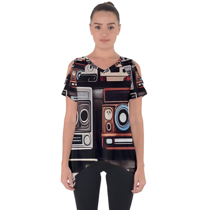 Retro Cameras Old Vintage Antique Technology Wallpaper Retrospective Cut Out Side Drop T-Shirt