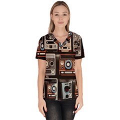 Retro Cameras Old Vintage Antique Technology Wallpaper Retrospective Women s V-neck Scrub Top by Grandong