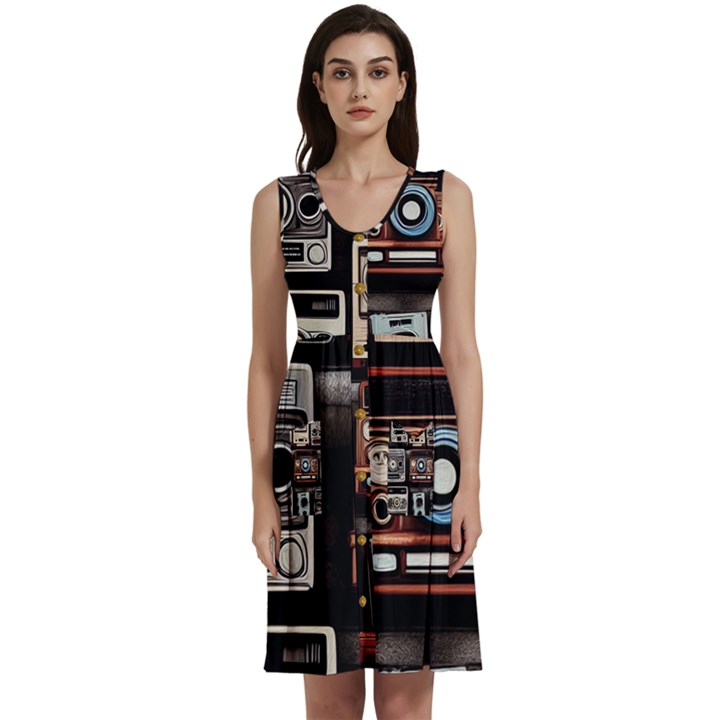 Retro Cameras Old Vintage Antique Technology Wallpaper Retrospective Sleeveless Dress With Pocket