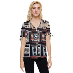 Retro Cameras Old Vintage Antique Technology Wallpaper Retrospective Bow Sleeve Button Up Top by Grandong