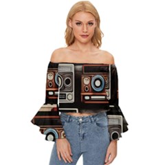 Retro Cameras Old Vintage Antique Technology Wallpaper Retrospective Off Shoulder Flutter Bell Sleeve Top