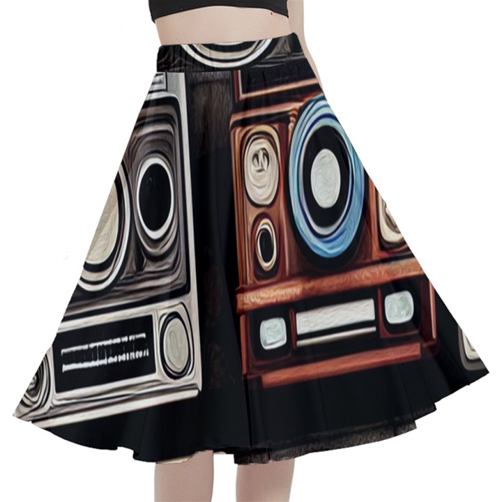 Retro Cameras Old Vintage Antique Technology Wallpaper Retrospective A-Line Full Circle Midi Skirt With Pocket