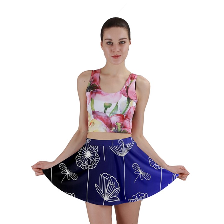 Pattern Floral Leaves Botanical White Flowers Mini Skirt