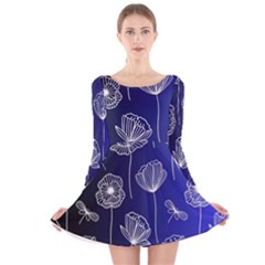 Pattern Floral Leaves Botanical White Flowers Long Sleeve Velvet Skater Dress